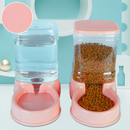 Pet water bottle and food container set on a light blue background