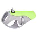 Dog harness with green back and gray front on a white background