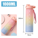 Gradient pink to blue water bottle with measurement details on a white background