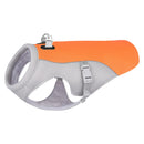 Dog harness with orange front and gray back on a white background