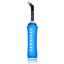 Blue flexible water bottle with black cap on a white background