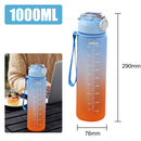 Gradient blue to orange water bottle with measurement markings, shown with dimensions and a person using a laptop.
