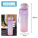 Gradient purple and pink water bottle with measurement markings, shown with dimensions and a person using a laptop.