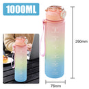 Gradient pink to blue water bottle with measurement markings, shown with dimensions and a person using a laptop.