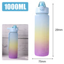 Gradient colored water bottle with measurement markings and dimensions on a white background