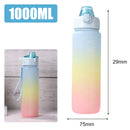 Gradient colored water bottle with measurement details on a white background