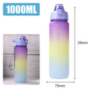 Gradient purple to yellow water bottle with measurement markings and dimensions displayed.