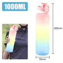 Gradient colored water bottle with measurement details on a white background