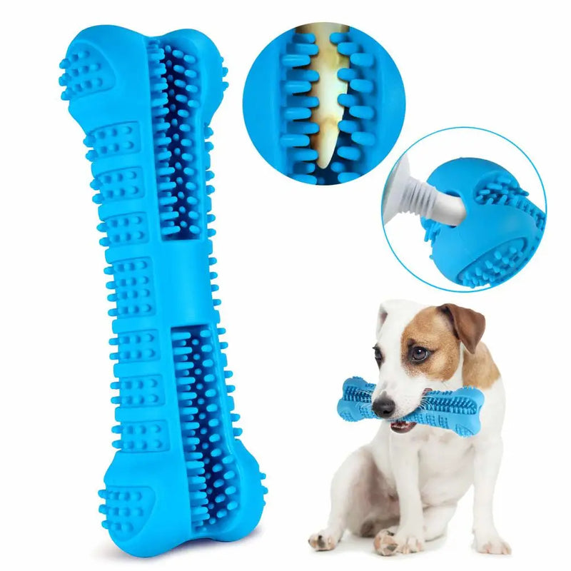 Blue dog toy shaped like a bone with detailed views and a dog wearing it.