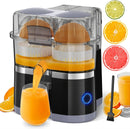 Juicer with orange juice being poured into a glass, surrounded by citrus fruits and tools.