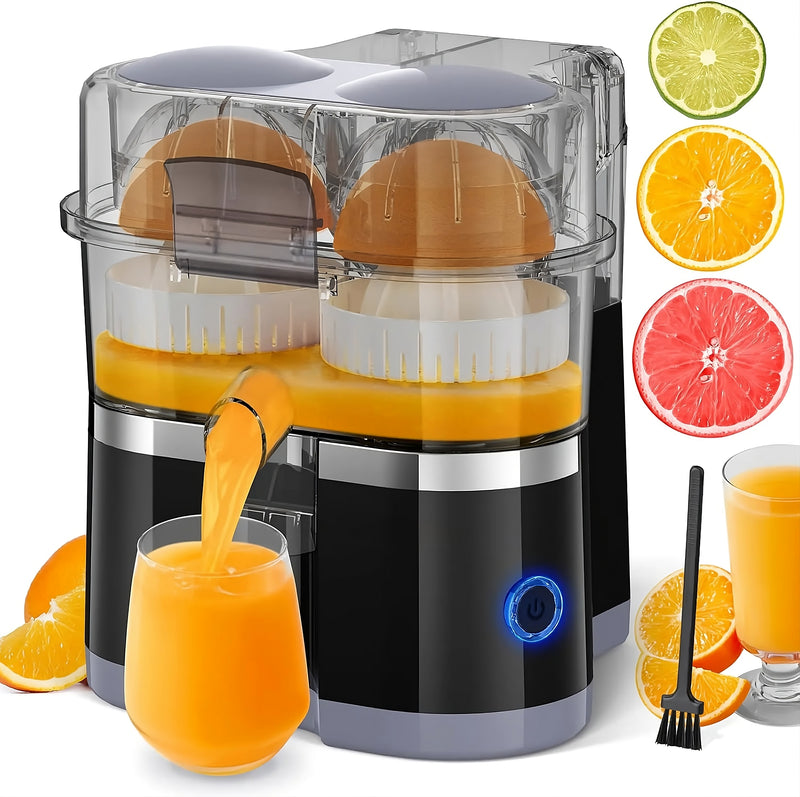 Juicer with orange juice being poured into a glass, surrounded by citrus fruits and tools.