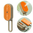 Pet grooming brush with orange bristles and beige handle, inset showing close-up and power bank.