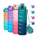 Set of colorful motivational water bottles with text and a carrying strap on a white background.