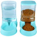 Two blue pet feeders with food on a white background