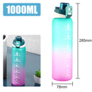 Gradient blue to pink water bottle with measurement markings and dimensions displayed.