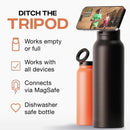 Black and orange water bottles with a phone holder on a white background