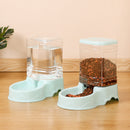 Pet water bowl and food dispenser on a wooden floor with a beige wall background.