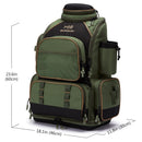 Green and black fishing backpack with dimensions on a white background