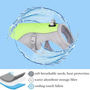 Dog cooling vest with water droplets and feature text on a blue background