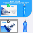 Comparison of dust cover on a blue water bottle with 'Ours' and 'Others' labels.