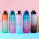 Five motivational water bottles with colorful gradient designs and text on a pink and blue gradient background.