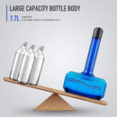 Blue water bottle with a large capacity of 1.7L balancing three smaller bottles on a wooden stand.