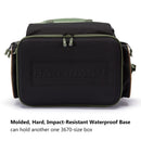 Black and green fishing bag with 'BASSDASH' branding on a white background