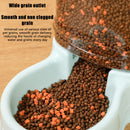 Pet food being poured from a container into a bowl with text describing features.