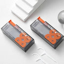 Two boxes of dental floss with orange and gray design on a white surface.