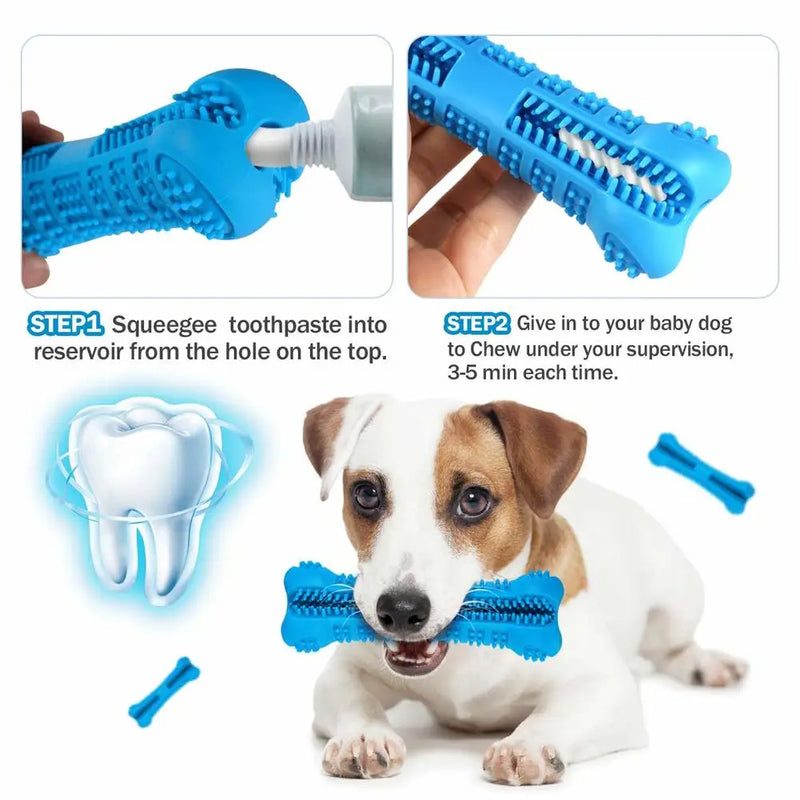 Dog toothbrush with toothpaste reservoir, steps to use, and a dog chewing on the toy.