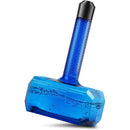 Blue hammer-shaped object with textured handle on a white background