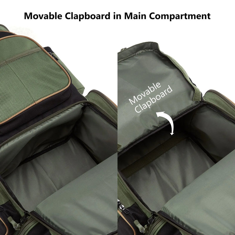 Green travel bag with a movable clipboard feature highlighted.