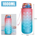 Pink and blue water bottle with motivational time markers and a measurement label on a white background.