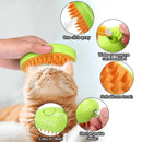 Pet grooming tool with a cat using it, showing features like water pressure control and soft silicone brush.