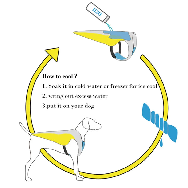 Diagram showing how to cool a dog using a cooling device with text instructions.