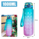Gradient water bottle with motivational phrases and measurements, shown with a Christmas tree background.