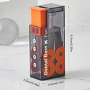 Dental floss storage container with orange and black design on a white background