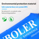 Blue water bottle with 'BOLER' branding and environmental protection claims on a white background
