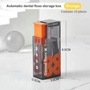 Orange automatic dental floss storage box with dimensions on a white background