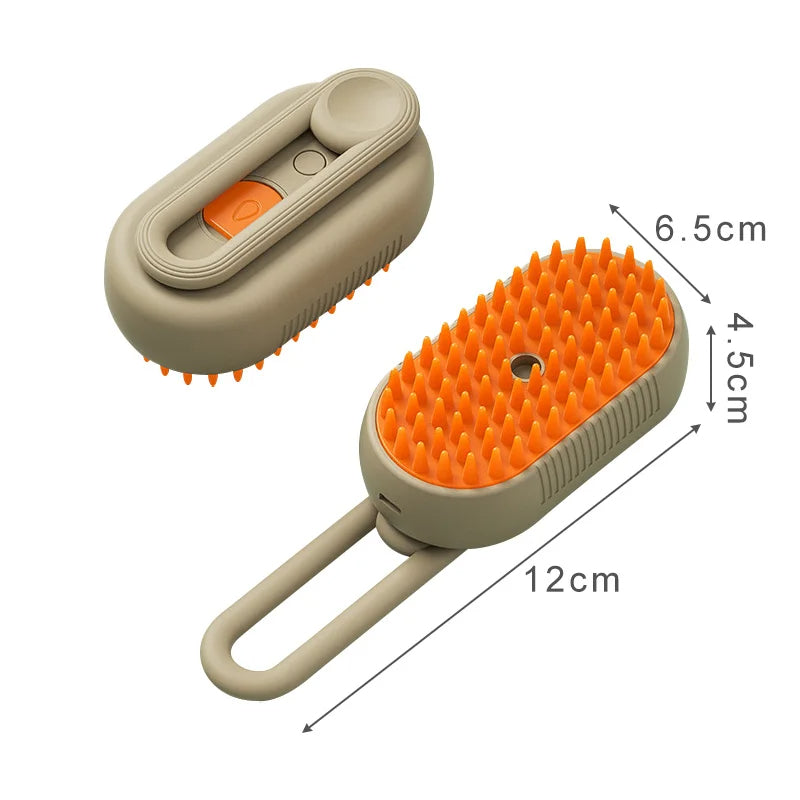 Pet grooming brush with orange bristles and beige handle, showing dimensions on a white background.