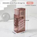 Pink automatic dental floss storage box with dimensions on a white background