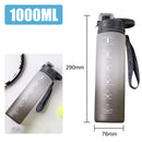 Gray water bottle with measurement markings and a handle, showing capacity and dimensions.