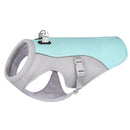 Pet harness with light blue and gray design on a white background