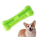 Green dog chew toy with a dog sitting next to it on a white background