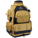Tan and navy fishing backpack with 'Bassdash' logo on a white background