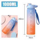 Gradient blue to orange water bottle with measurement markings and a strap, shown with dimensions.