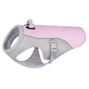 Dog harness with pink and gray design on a white background