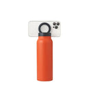 Orange water bottle with a phone holder on a white background