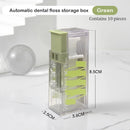 Green automatic dental floss storage box with dimensions on a white background