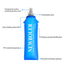 Blue flexible water bottle with labeled parts on a white background